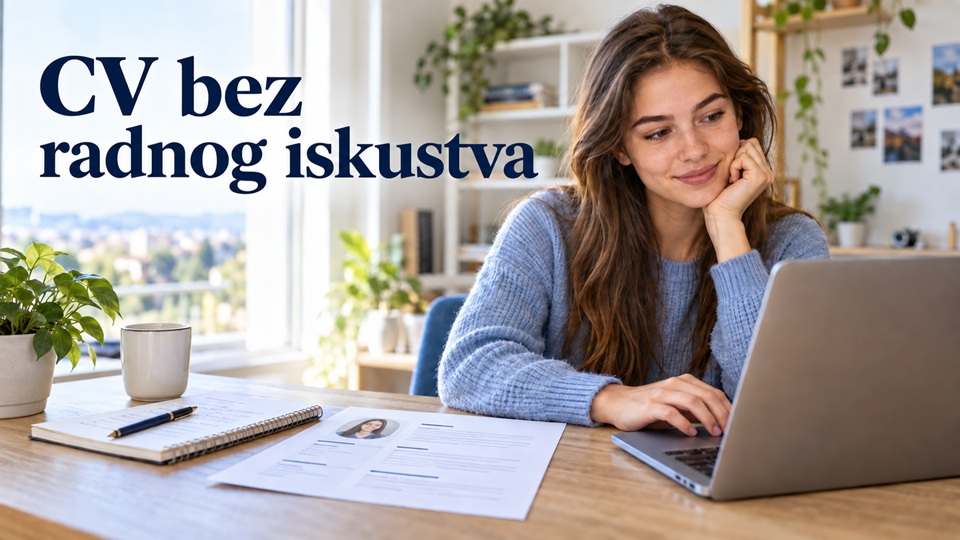Mlada kandidatkinja za prvi posao priprema životopis na prijenosnom računalu za radnim stolom.