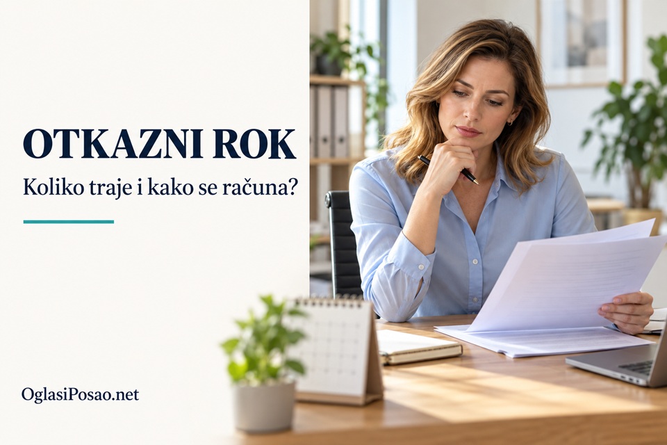Žena za uredskim stolom pregledava dokumente uz kalendar, pokraj naslova Otkazni rok.