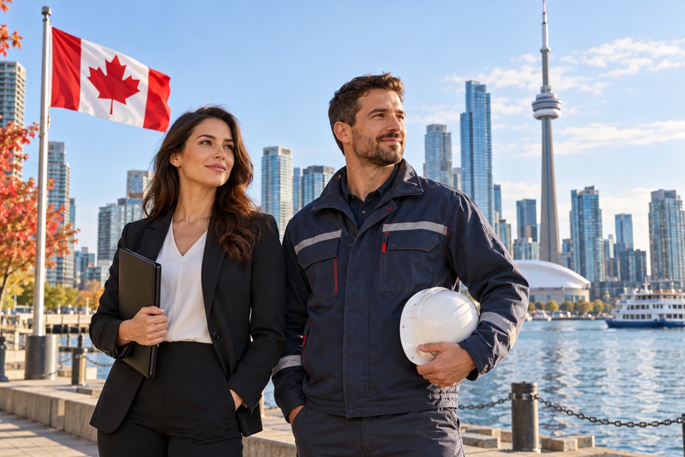 Radnik sa zaštitnom kacigom i poslovna žena uz kanadsku zastavu, s Torontom u pozadini.